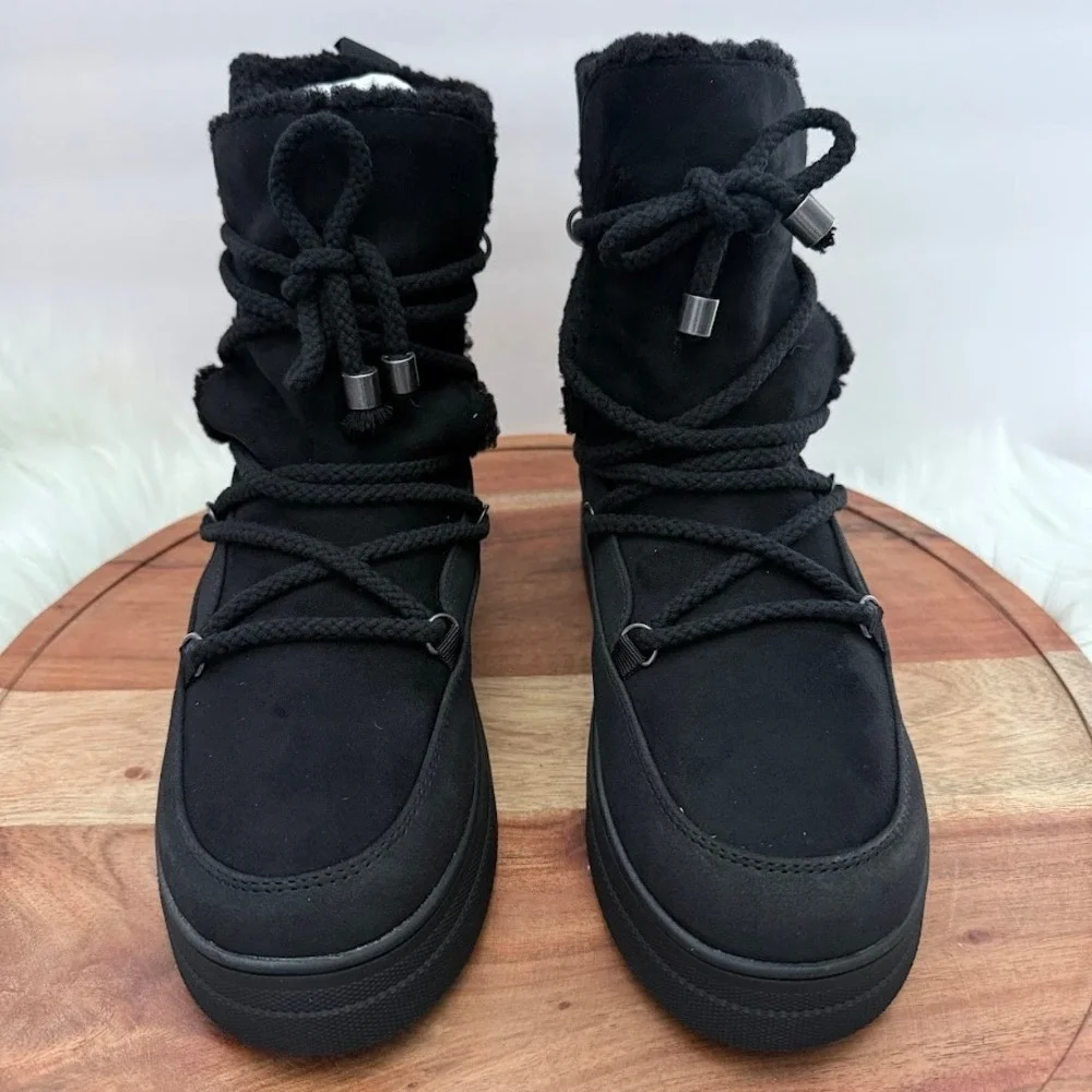 MIA Disa Black Women 7.5M Faux Suede Faux Fur Lined Platform Lace Up Boots NEW